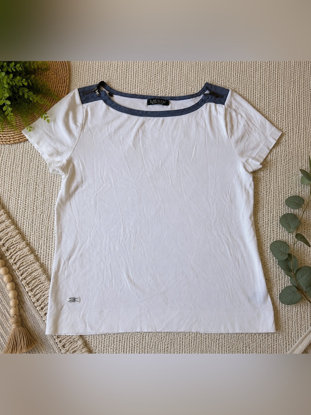 LAUREN Ralph Lauren White Cotton Boatneck Top with Navy Trim